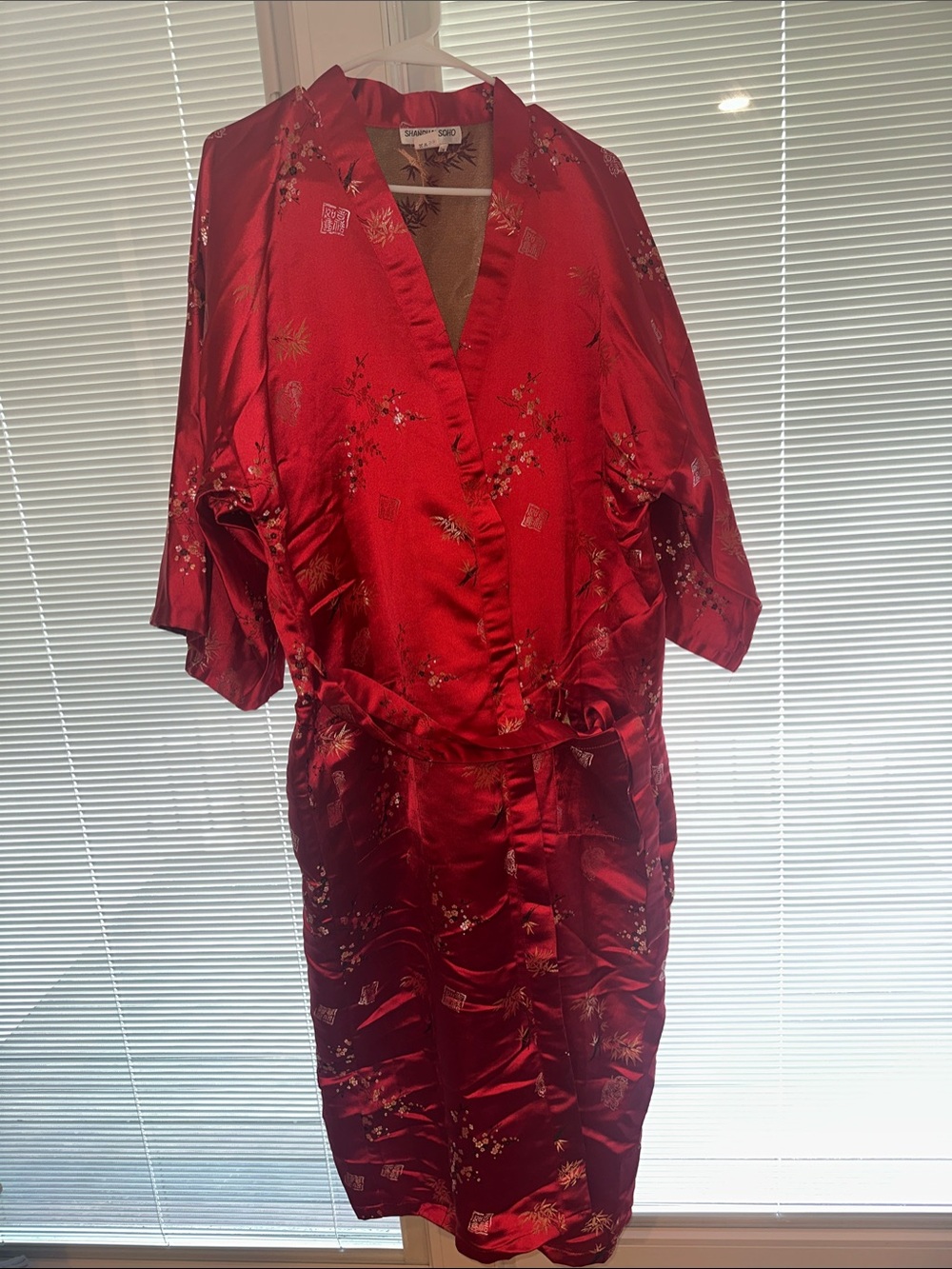 Zara Red Satin Floral Kimono Robe with Waist Tie Belt